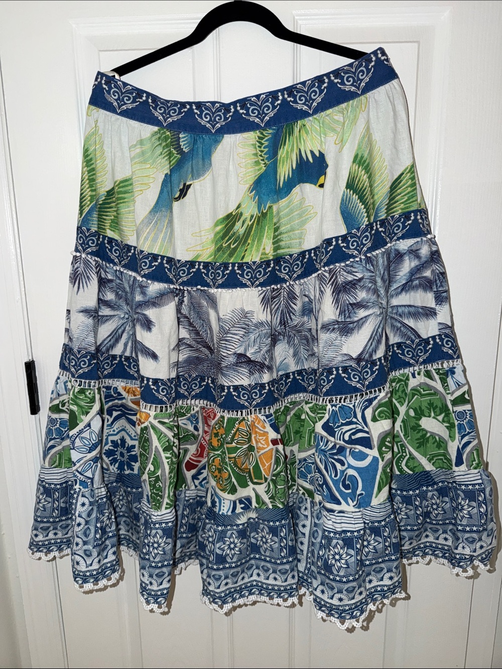 FARM Rio Blue, Green & White Tiered Tropical Maxi Skirt